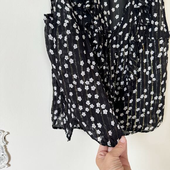 Muche et Muchette Black Daisy Floral Lurex Ruffle Semi Sheer Blouse Tank OS / M - Picture 6 of 10